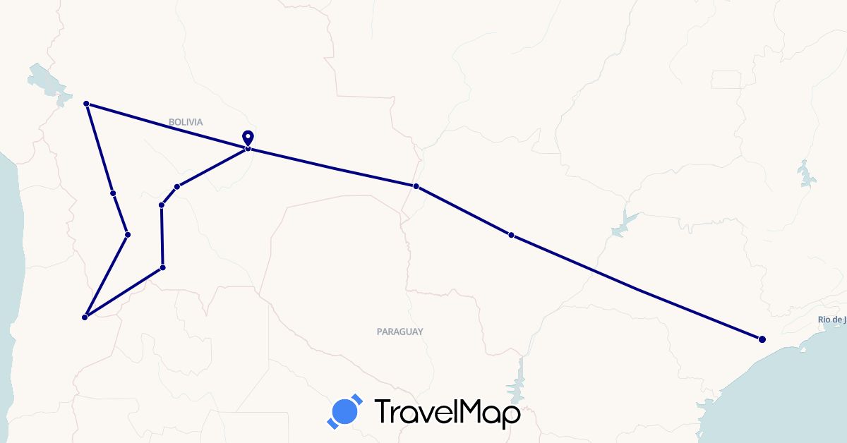 TravelMap itinerary: driving in Bolivia, Brazil, Chile (South America)