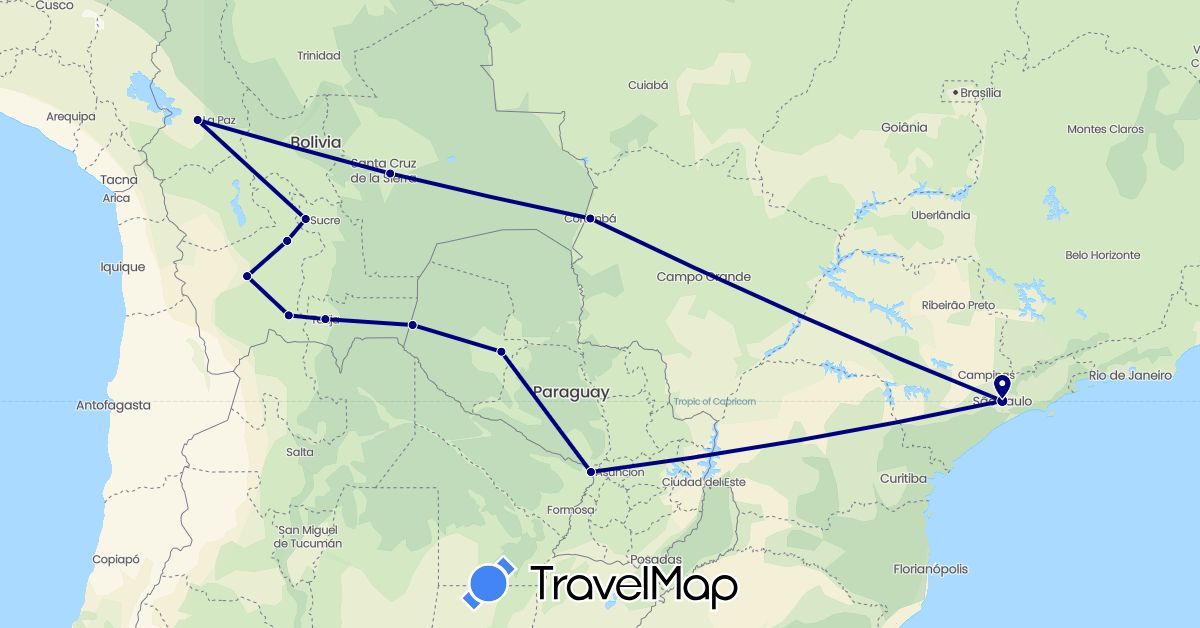 TravelMap itinerary: driving in Bolivia, Brazil, Paraguay (South America)